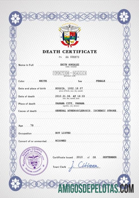 Realista modelo PSD de certidão de óbito de registro vital do Panamá